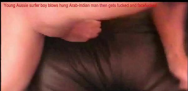  Young white Aussie surfer boy dominated by Arab-Indian mixed man
